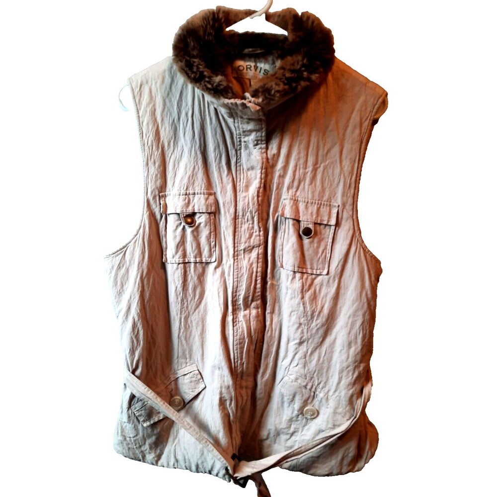 Orvis Vest Women's Large Tan Faux Fur Collar and Belt. Full Zip Shearling Lined.